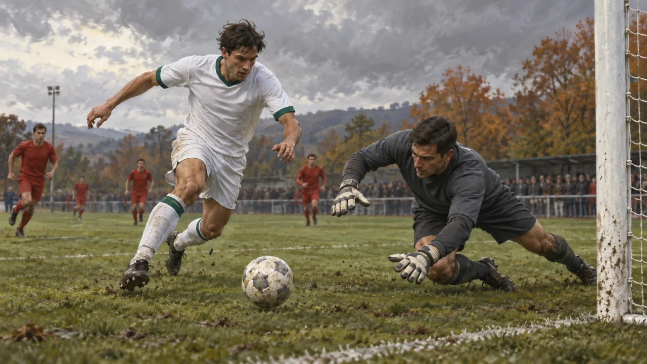 Ilustración editorial de un futbolista anónimo de blanco y verde presionando a un portero cerca de un balón suelto