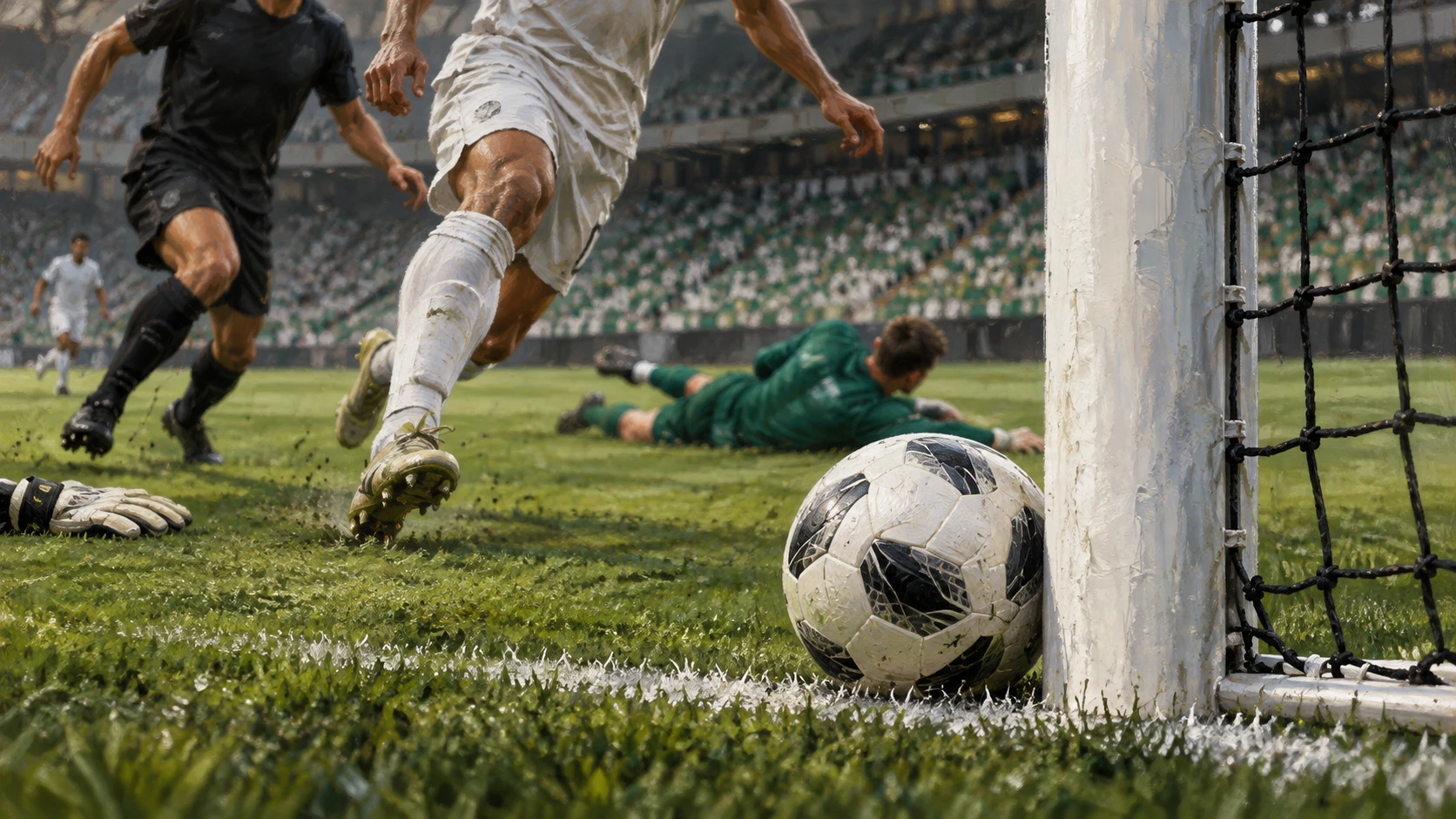 Ilustración editorial de un balón junto a un poste de portería mientras se acercan jugadores anónimos, con un portero detrás de ellos
