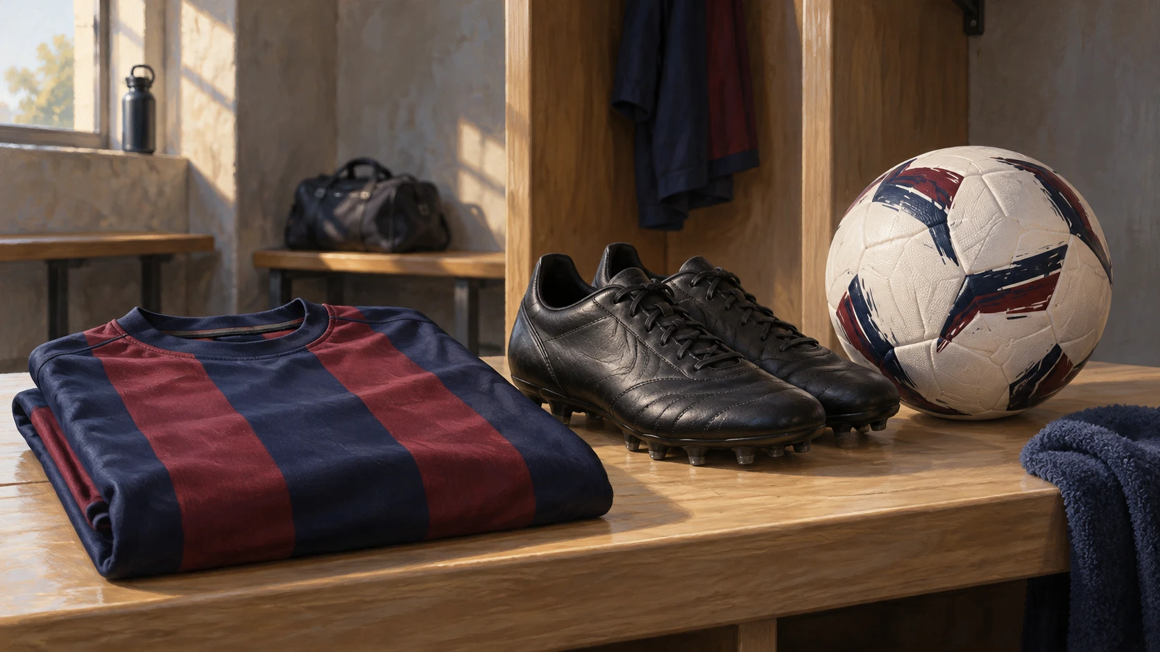 Ilustración editorial de una camiseta de azul marino y granate doblada, botas negras y un balón de fútbol en un estante