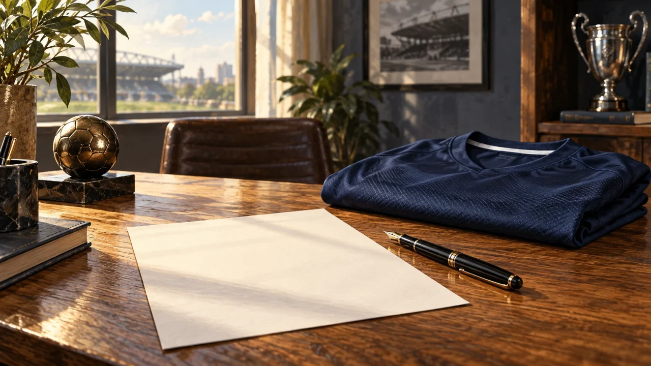 Editorial illustration of a blank contract sheet, pen and folded blue football jersey on a desk