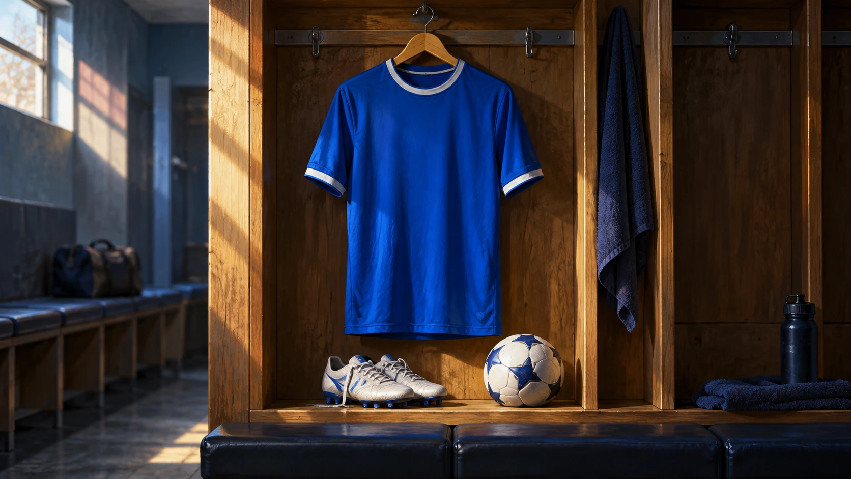 Editorial illustration of a blue football jersey in a locker with boots and a ball