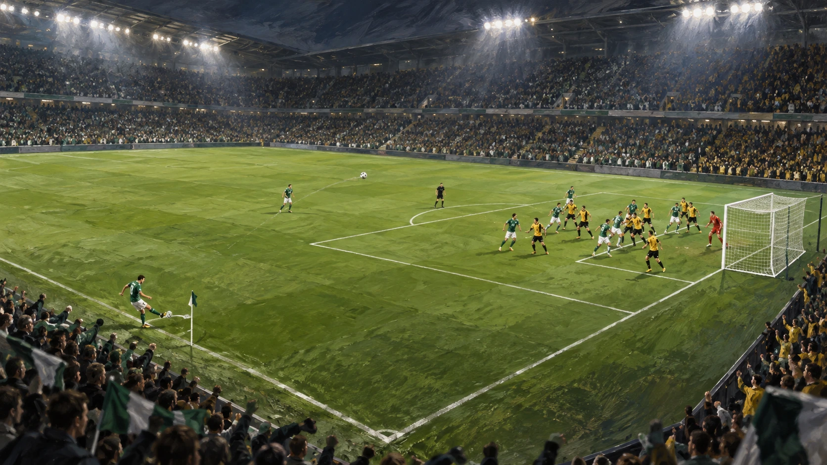 Redaktionell illustration av anonyma grönvita och gul-svarta fotbollsspelare vid en hörna