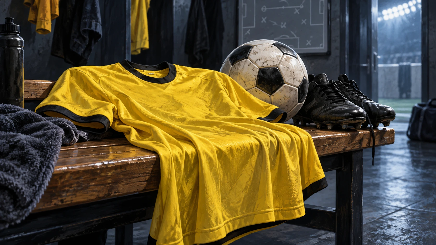 Redaktionell illustration av en gul fotbollströja, stövlar och en boll på en bänk