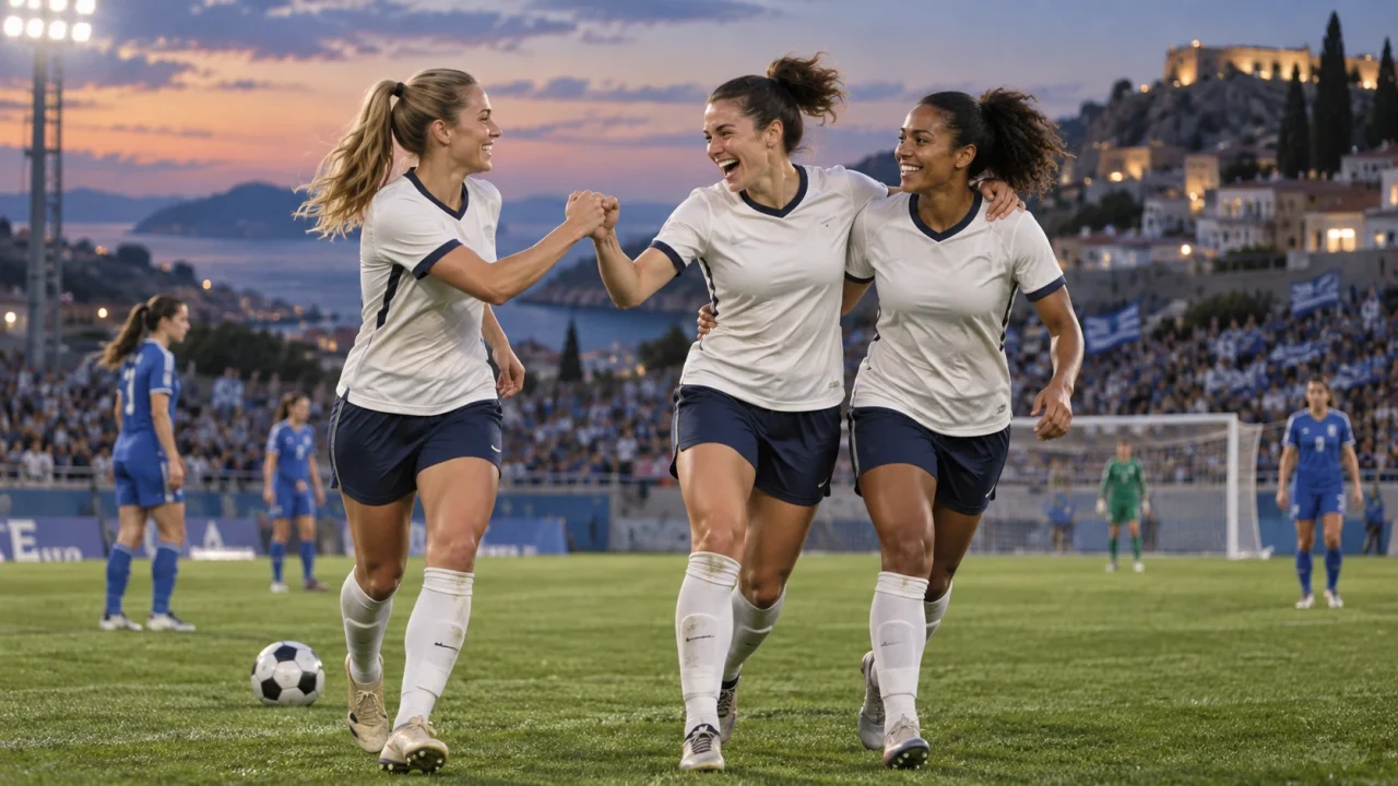 Editorial illustration of three anonymous women footballers celebrating on a floodlit pitch