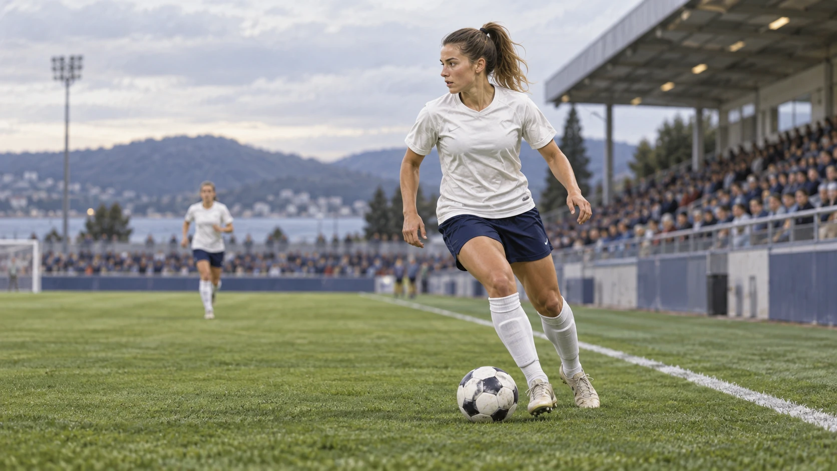 Editorial illustration of an anonymous woman footballer controlling the ball near the touchline