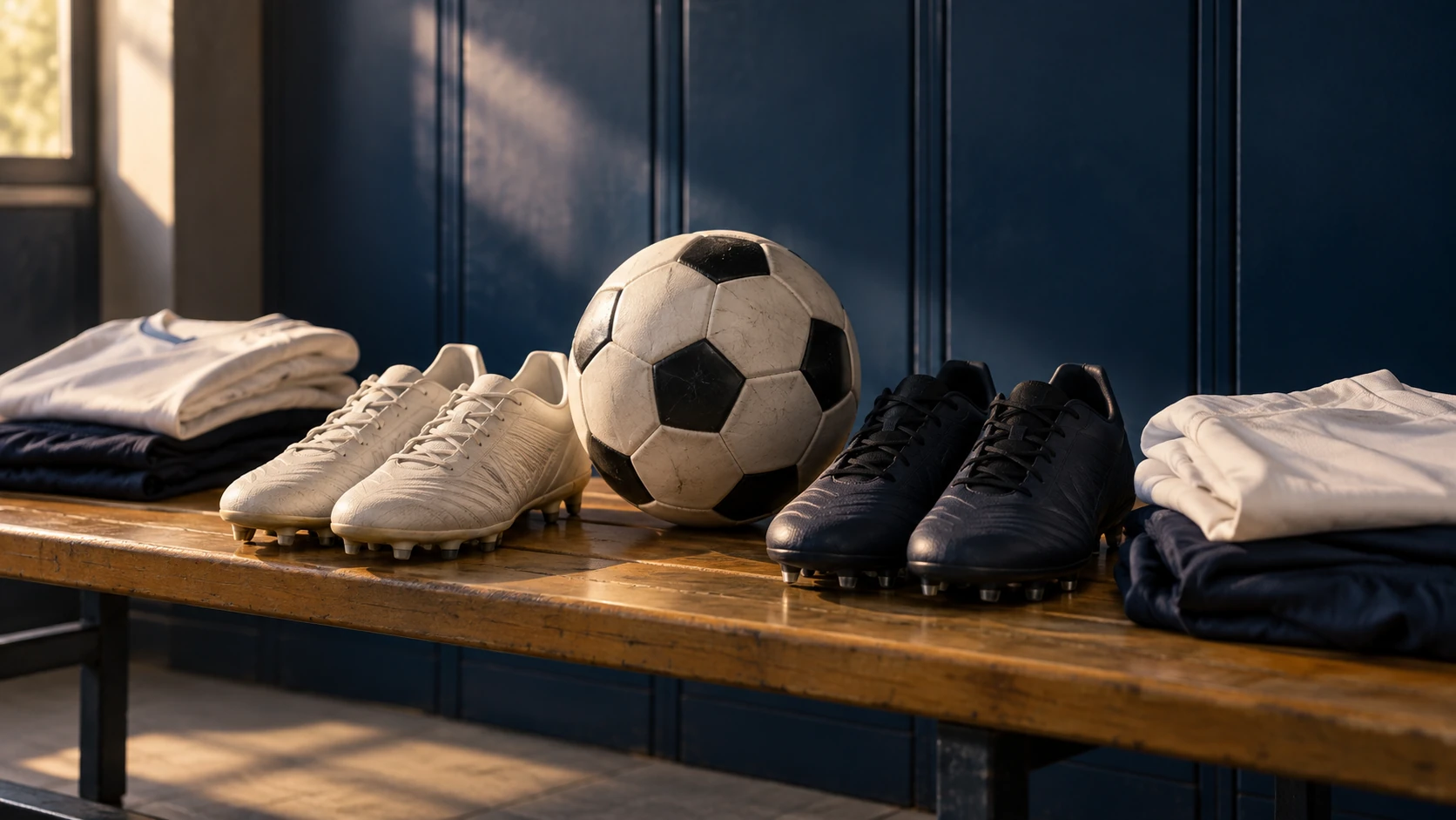 Editorial illustration of football boots, a ball and folded kit on a changing-room bench