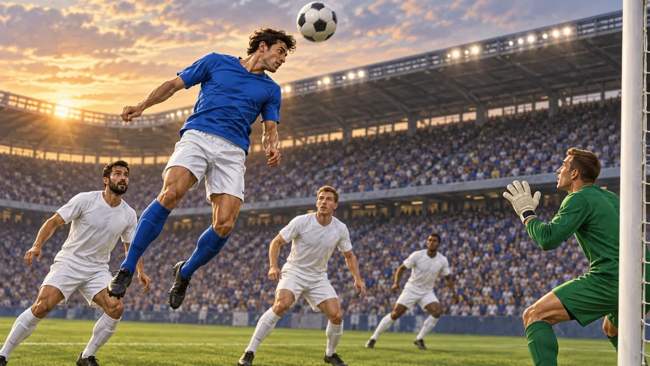 Redaktionelle Illustration eines anonymen Fußballers in blauem Trikot, der zum Kopfball hochspringt