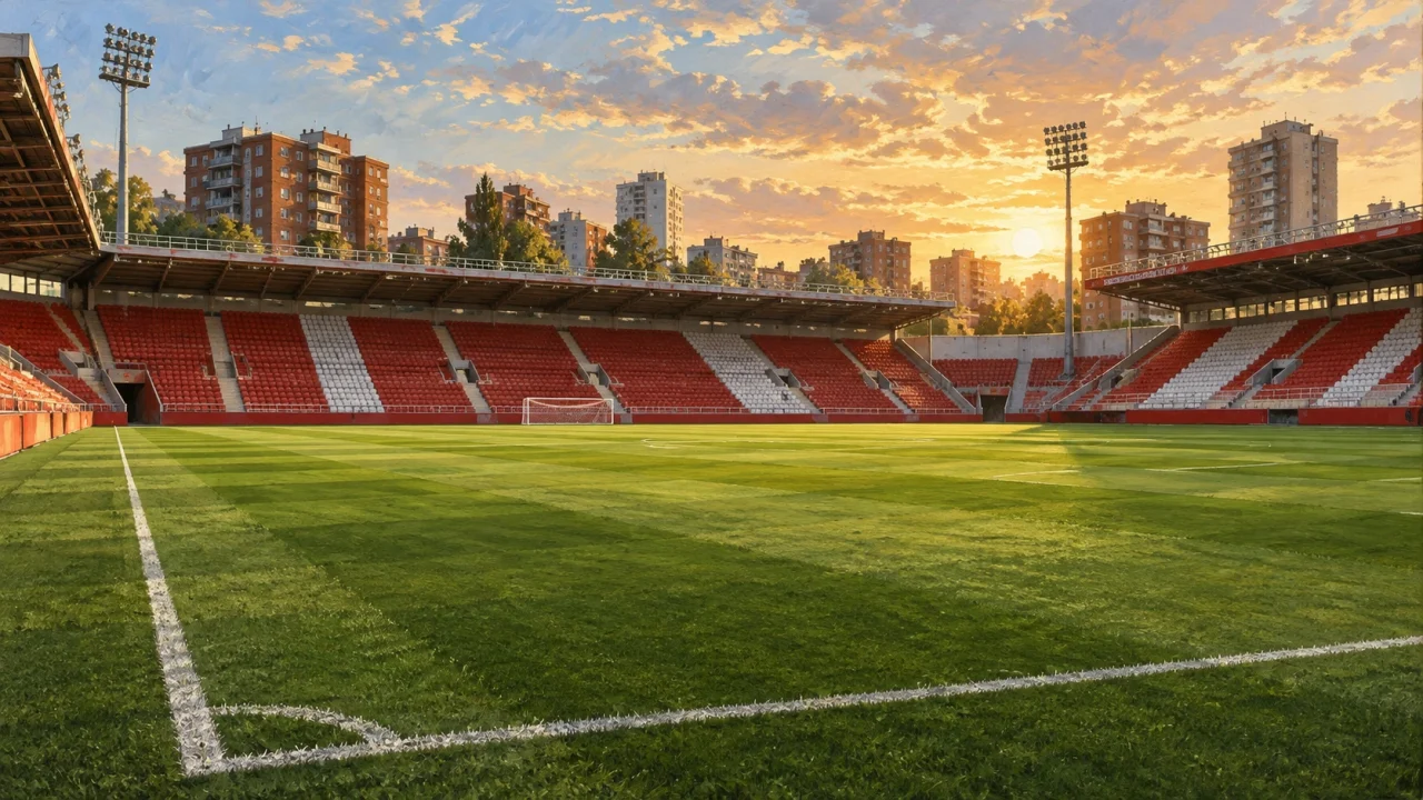 Ilustración editorial de un estadio de fútbol urbano vacío con asientos rojiblancos y apartamentos cercanos