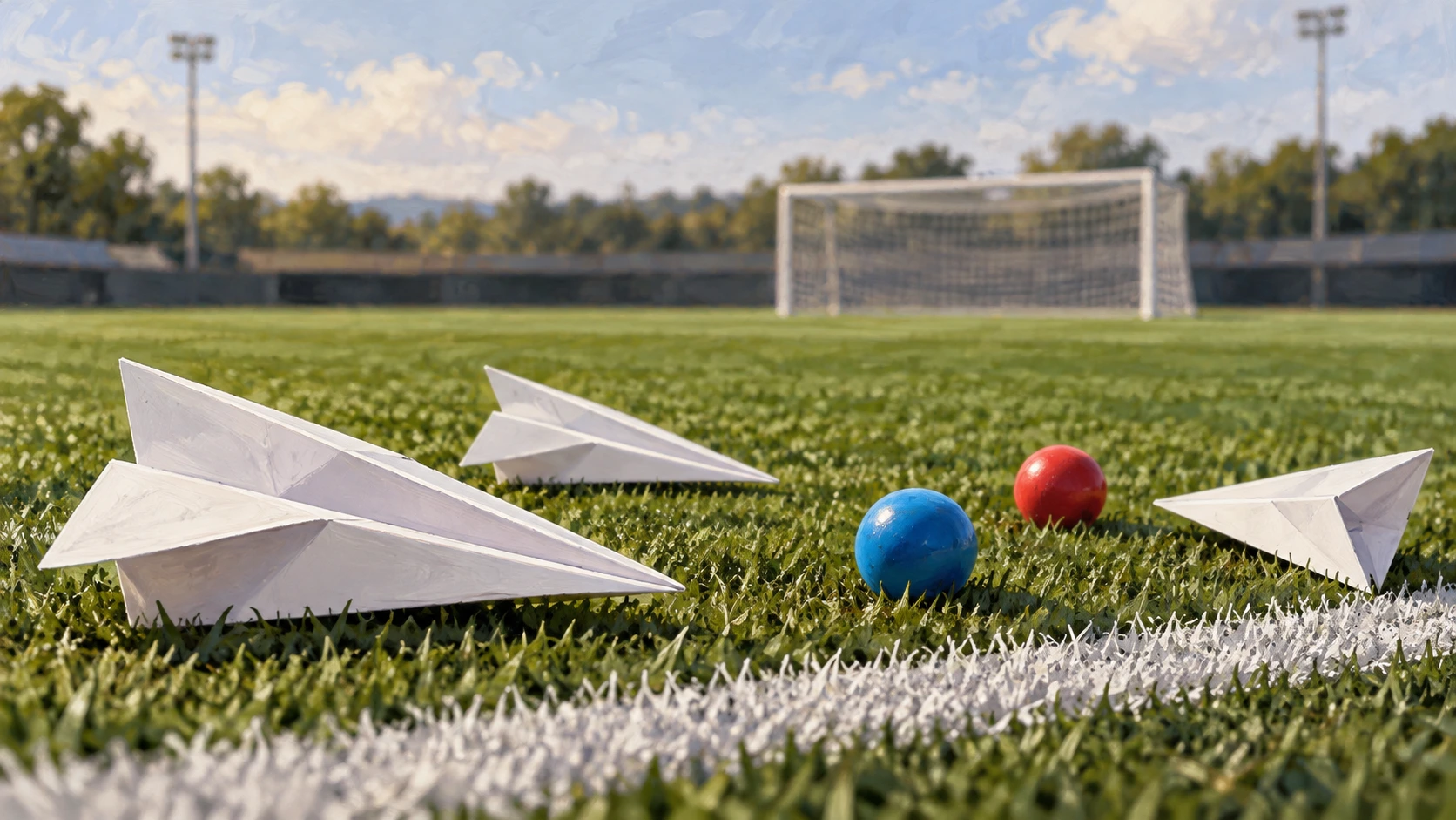 Ilustración editorial de aviones de papel doblados y pequeñas pelotas de plástico junto a una línea de campo