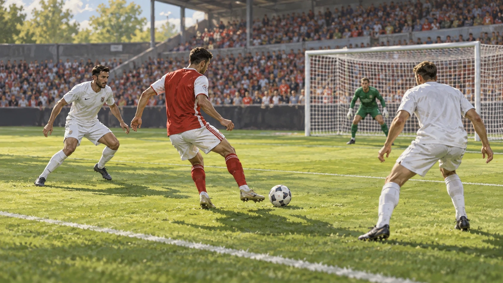 Editorial illustration of anonymous red-and-white and white-shirted footballers near a penalty area