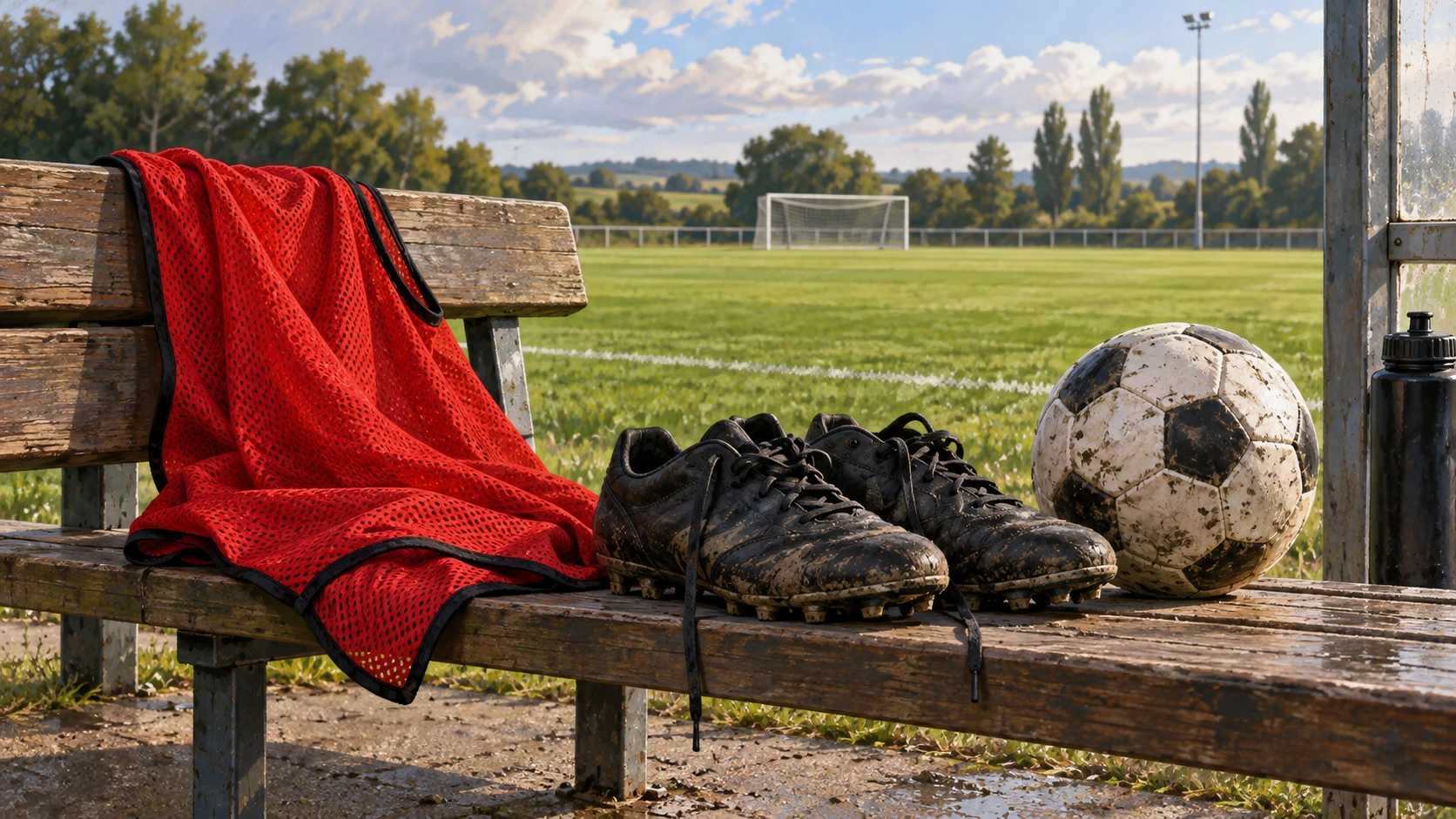 Editorial illustration of a red training bib, boots and a football on a bench