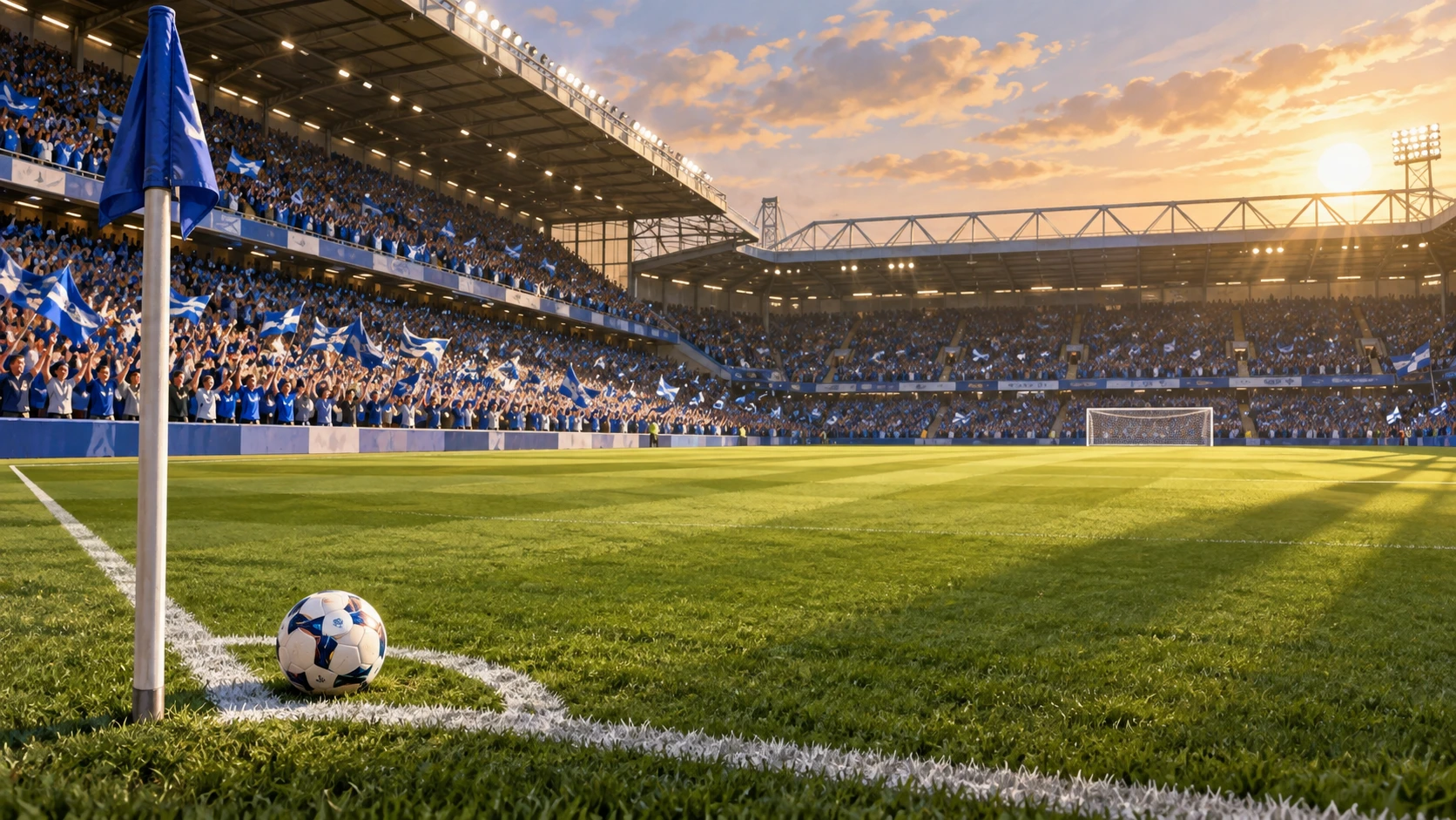 Editorial illustration of a generic football stadium with blue supporters and a ball by a corner flag